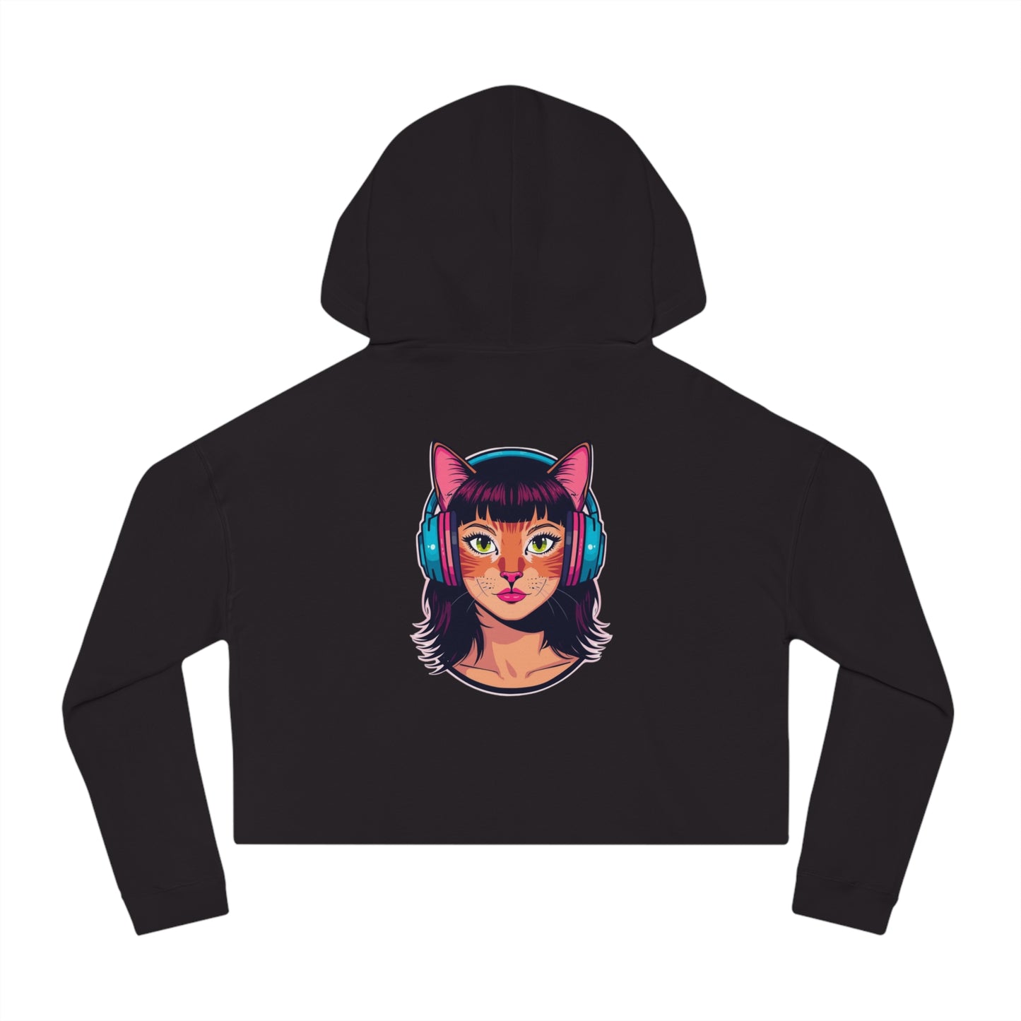 Cat Ear Headphone Girl Cropped Hooded Sweatshirt | Cat Face Back