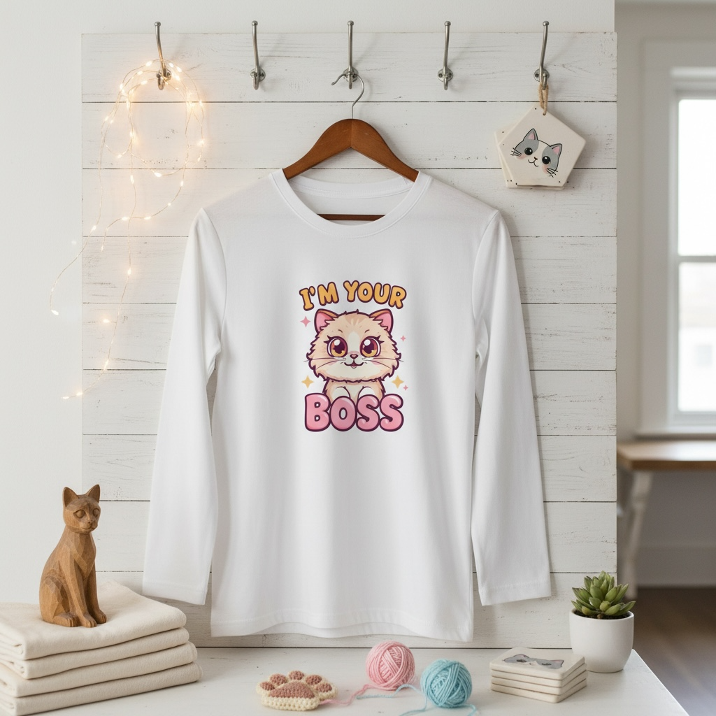 Cute Cat Face "I'm Your Boss" Long Sleeve Shirt | Kawaii Cat Graphic