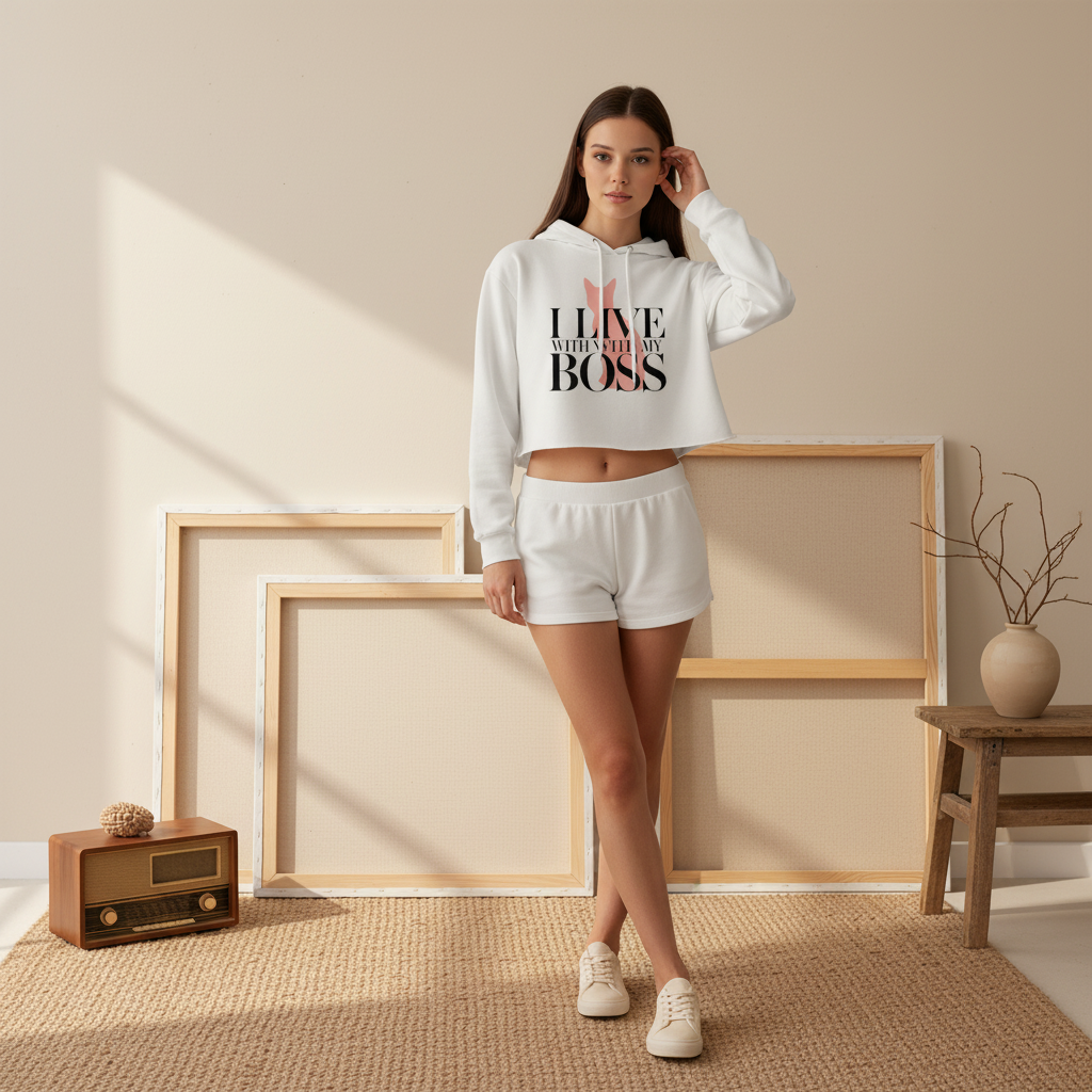 I Live With My Boss Cat Cropped Hoodie | Cat Mom Sweatshirt