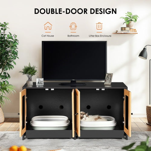 Double Litter Box Enclosure,Cat Litter Box Enclosure For 2 Cats, Hidden Litter Box Furniture With Rattan Doors, 47 L X 19.8 W X 21.8 H,Black