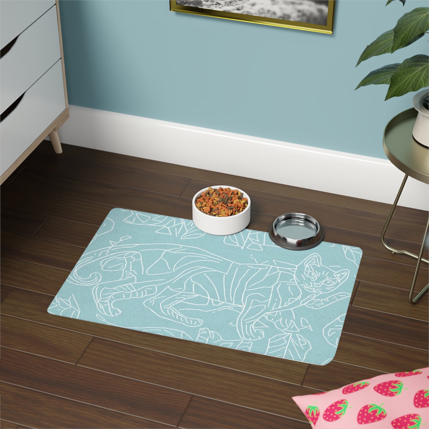 Light Blue Cat Pattern Pet Food Mat (12x18)