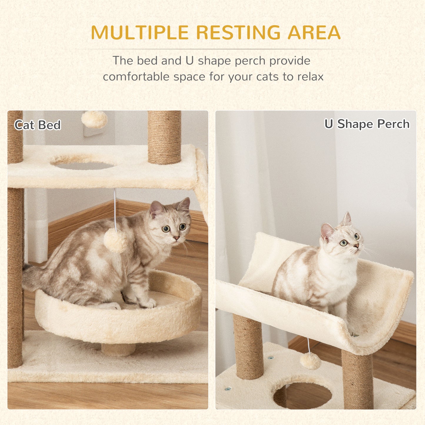 PawHut Cat Tree Tower, With Scratching Posts, Pad, Bed, Perch, Toy Ball - Light Brown