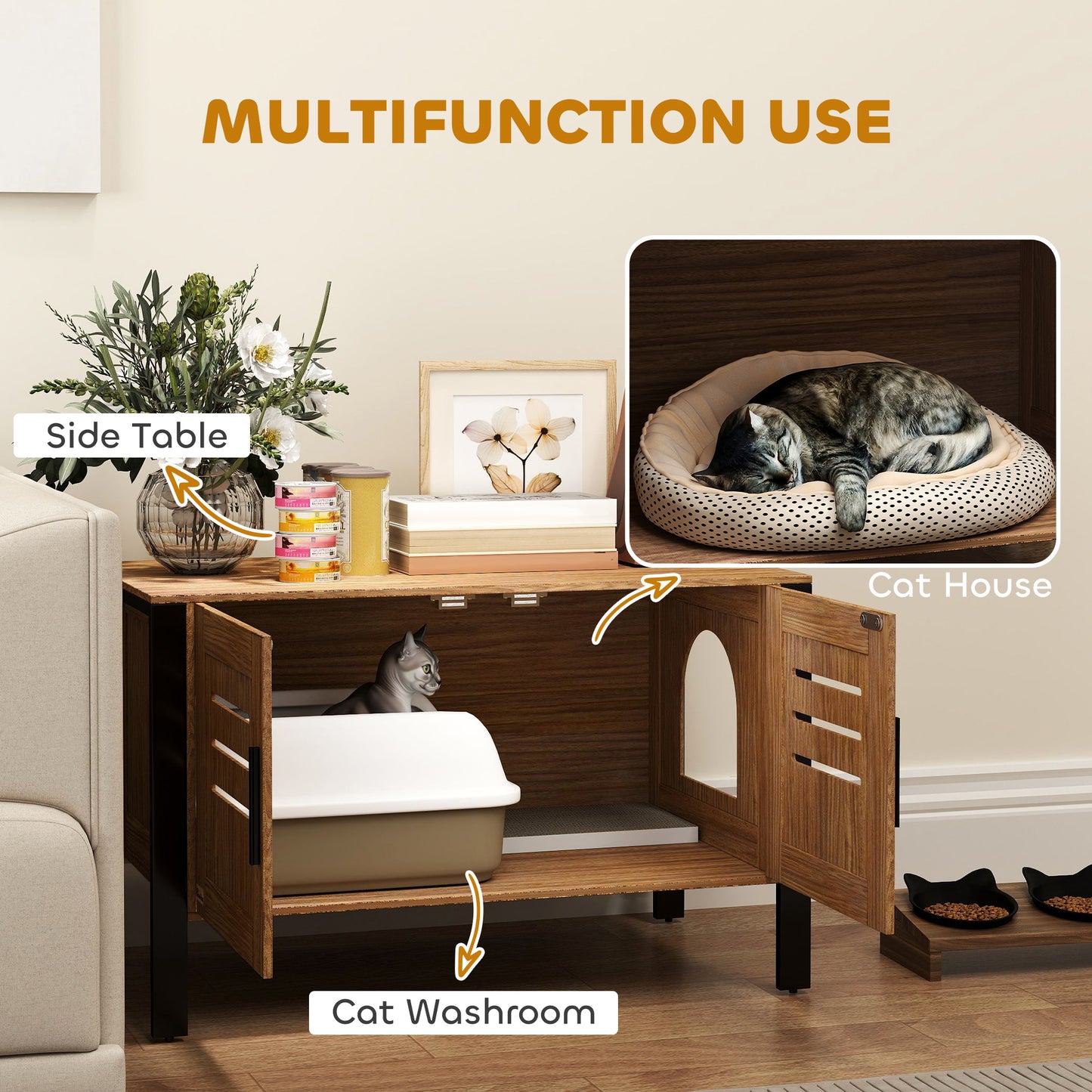 Cat Litter Box Enclosure With Tall Legs, Scratching Board, Dark Brown, 31.5"L X 17.7"W X 19.7"H