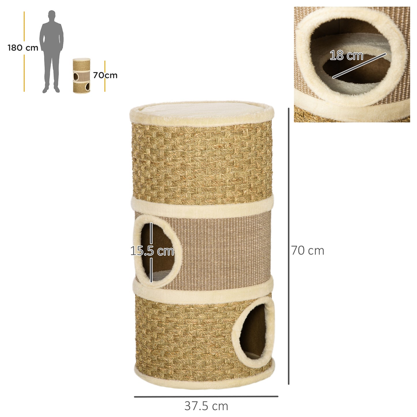 PawHut Cat Scratching Barrel Kitten Tree Tower For Indoor Cats Pet Furniture Climbing Frame Covered With Sisal And Seaweed Rope Cozy Platform Soft Plush