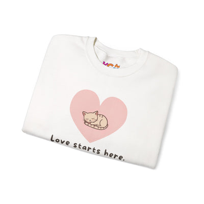 Sleeping Cat Heart Love Starts Here Sweatshirt | Cute Cat Graphic
