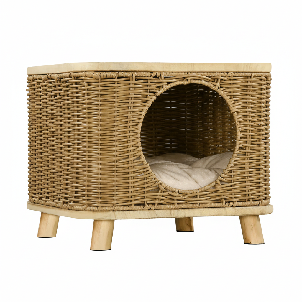 PawHut Elevated Design Wicker Cat House With Washable Cushion, Light Brown