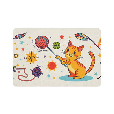Playful Orange Cat with Yarn Pet Food Mat | 12x18 Cat Feeding Placemat