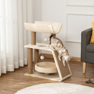 PawHut Cat Tree Tower, With Scratching Posts, Pad, Bed, Perch, Toy Ball - Light Brown