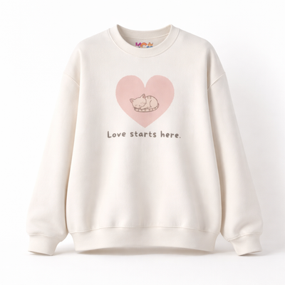 Sleeping Cat Heart Love Starts Here Sweatshirt | Cute Cat Graphic
