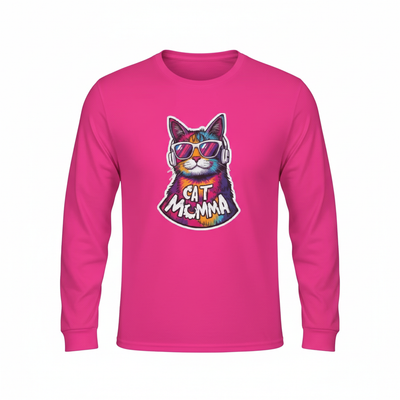 Colorful Cat with Sunglasses Cat Mom Long Sleeve Tee | Retro Neon Cat Design