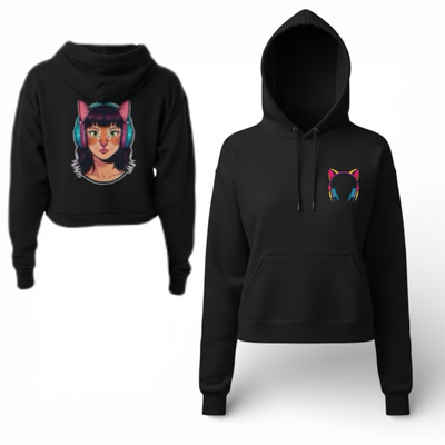 Cat Ear Headphone Girl Cropped Hooded Sweatshirt | Cat Face Back