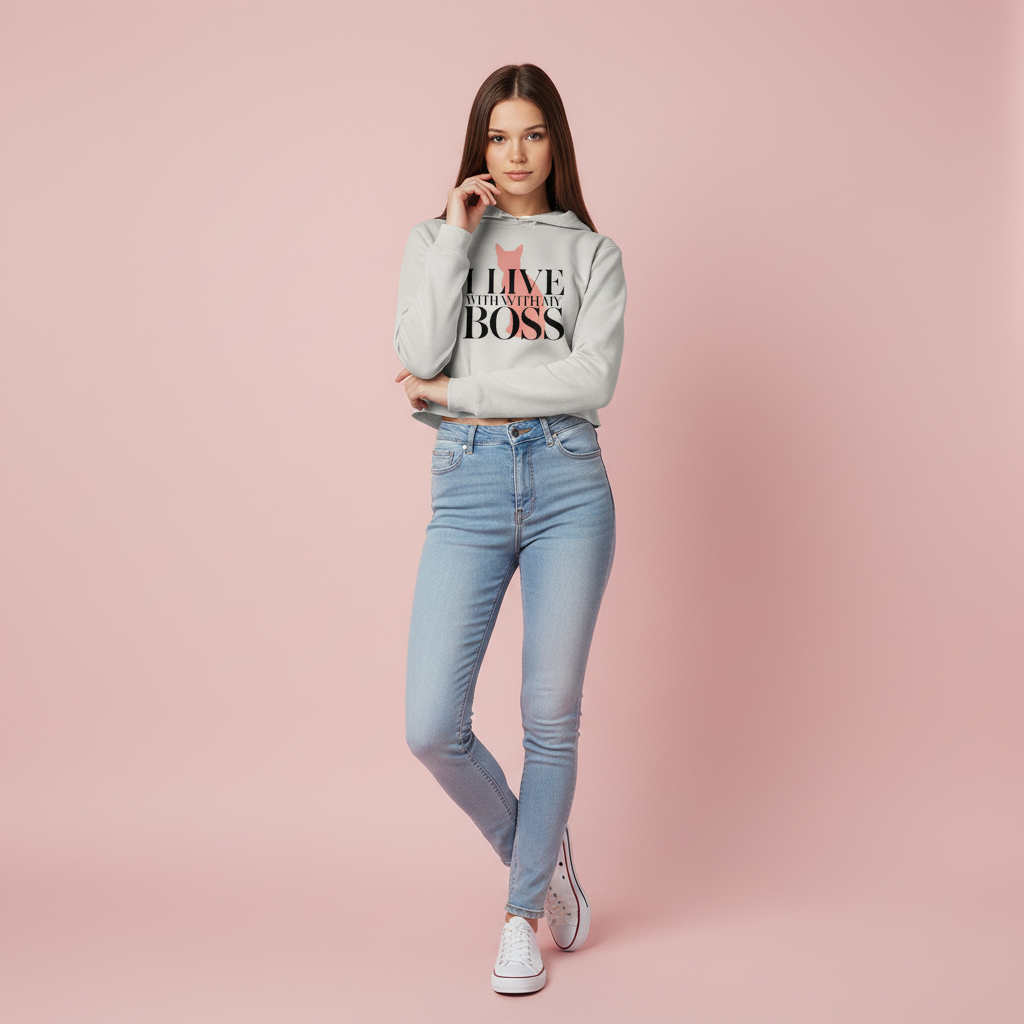 I Live With My Boss Cat Cropped Hoodie | Cat Mom Sweatshirt