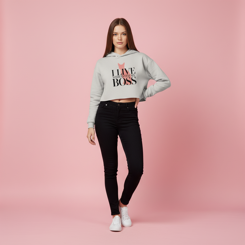 I Live With My Boss Cat Cropped Hoodie | Cat Mom Sweatshirt
