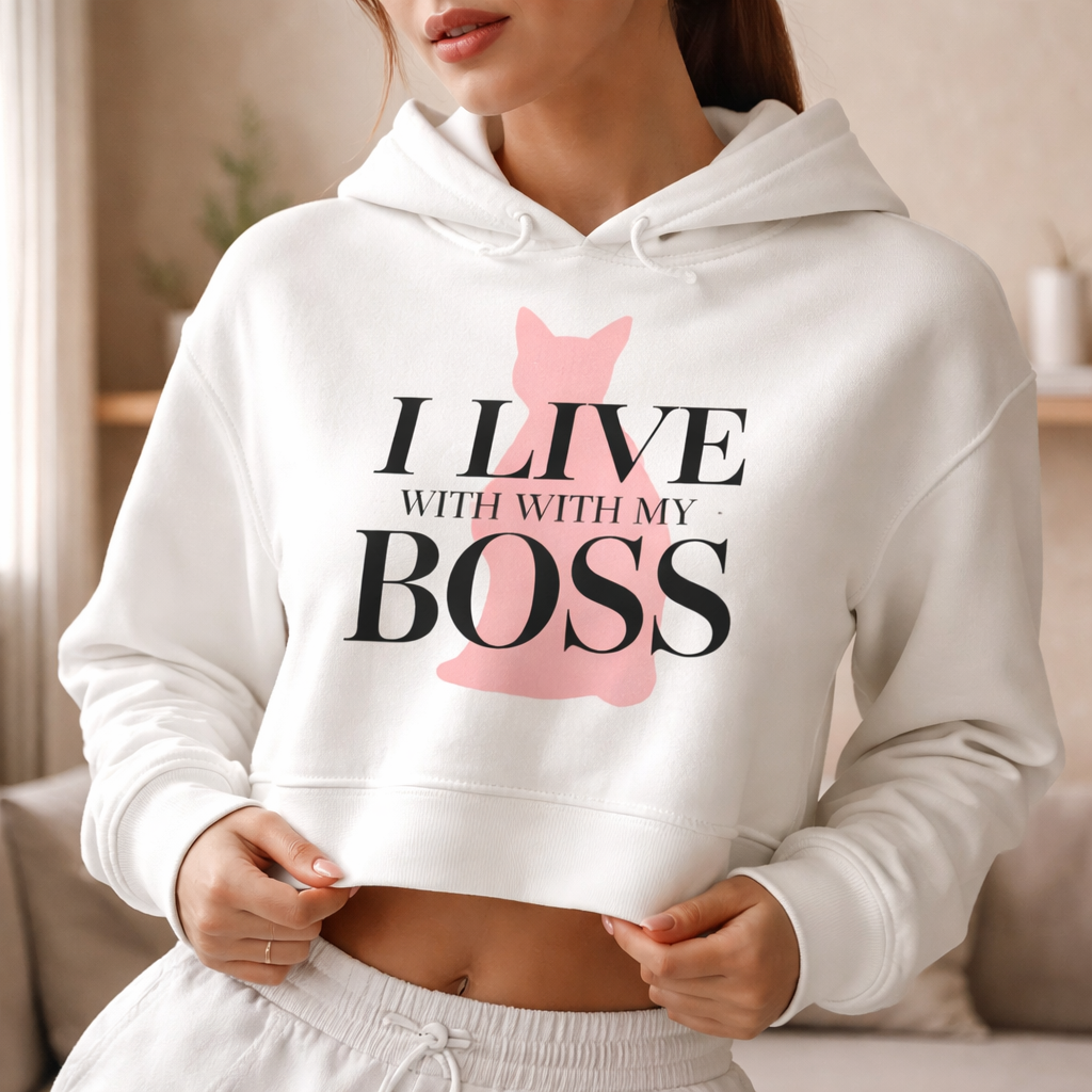 I Live With My Boss Cat Cropped Hoodie | Cat Mom Sweatshirt