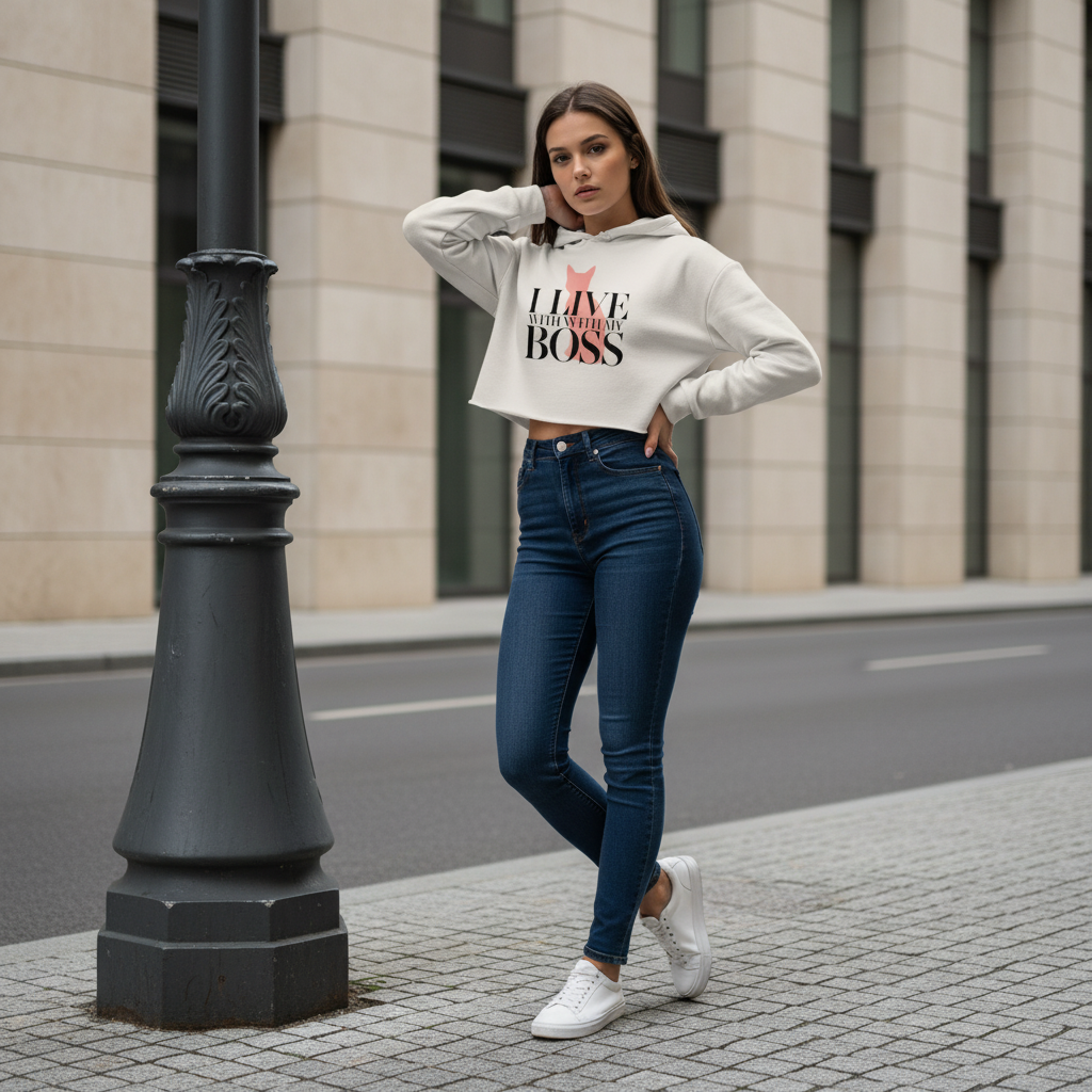 I Live With My Boss Cat Cropped Hoodie | Cat Mom Sweatshirt