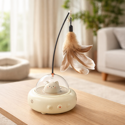 Smart Laser Teaser Cat Toy - Electric UFO With Bell with Replaceable Feather - Interactive Cat Toy