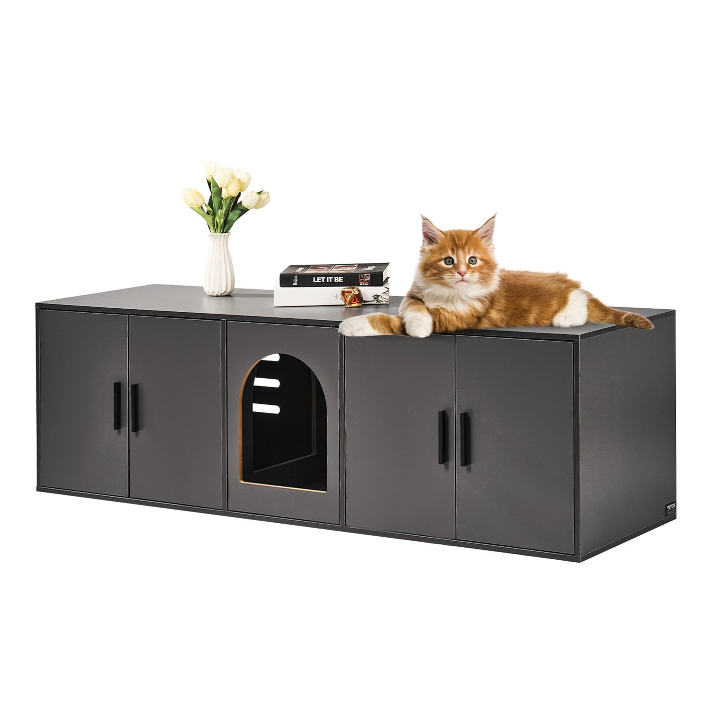 Cat Litter Box Enclosure For 2 Cats, Litter Box Furniture Hidden With Double Rooms, Wooden Cat Box Cabinet Fit Most Of Litter Box, 57.9"L X 18.3"W  X 17.9"H, Black