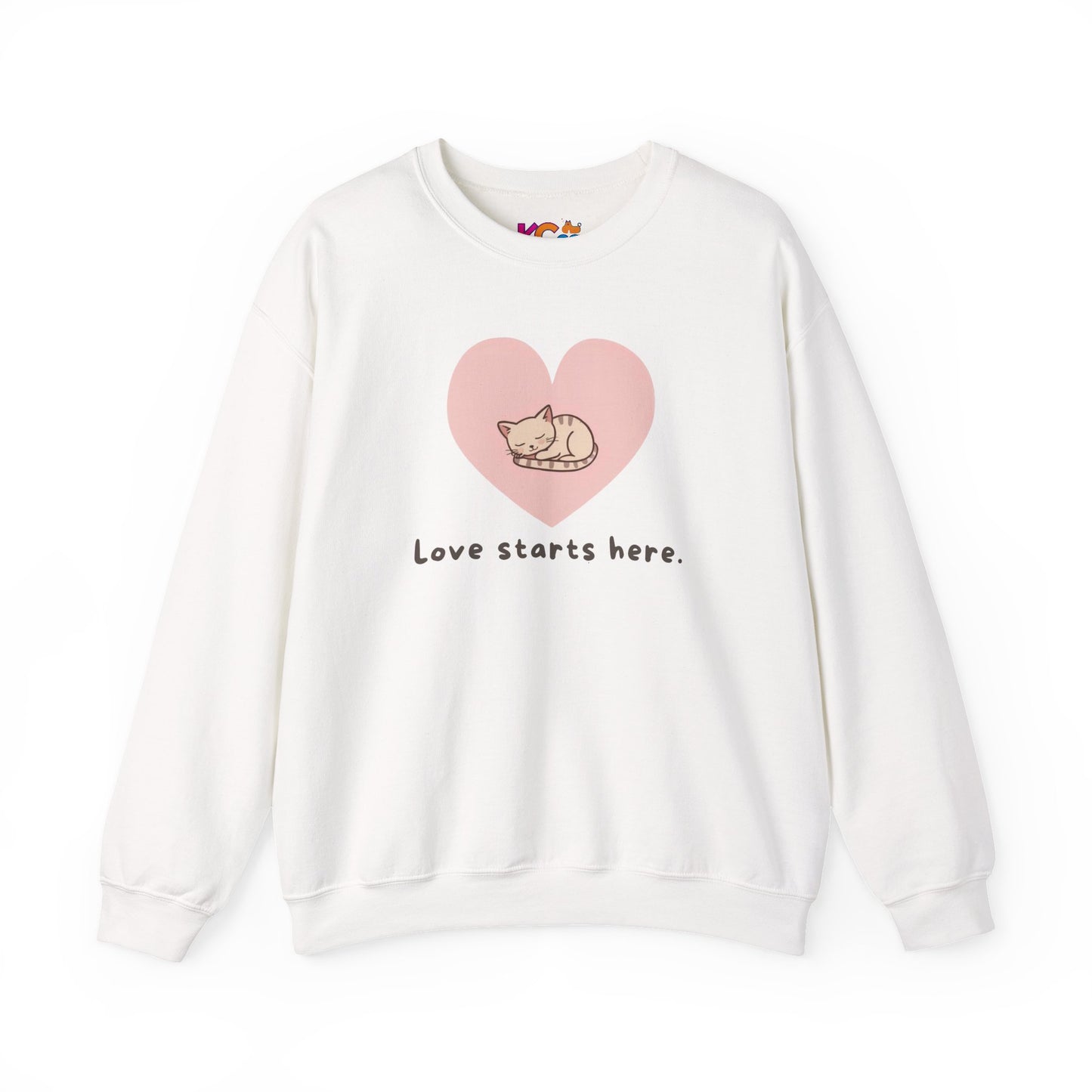 Sleeping Cat Heart Love Starts Here Sweatshirt | Cute Cat Graphic