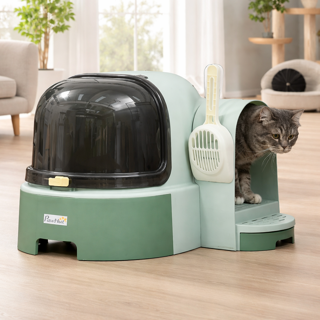The Pawhut - Cat Litter Box Easy To Clean Open With Scoop, Green