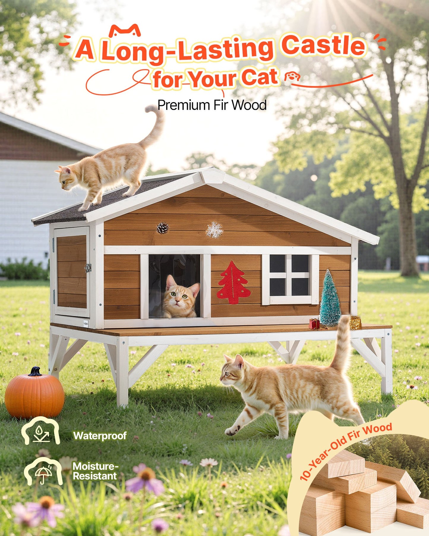 The Purr Manor Estate - Insulated Cat House, All-Around Foam Insulation Elevated Cat Shelter, Wooden Feral Kitty Shelter With Large Platform, Waterproof Cats Condos / Villa