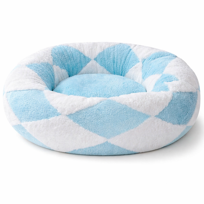 MeowFun Donut Cat Bed - Round Washable Plush Cat Bed With Jacquard Shaggy Fabric & Non-Slip Bottom, Blue