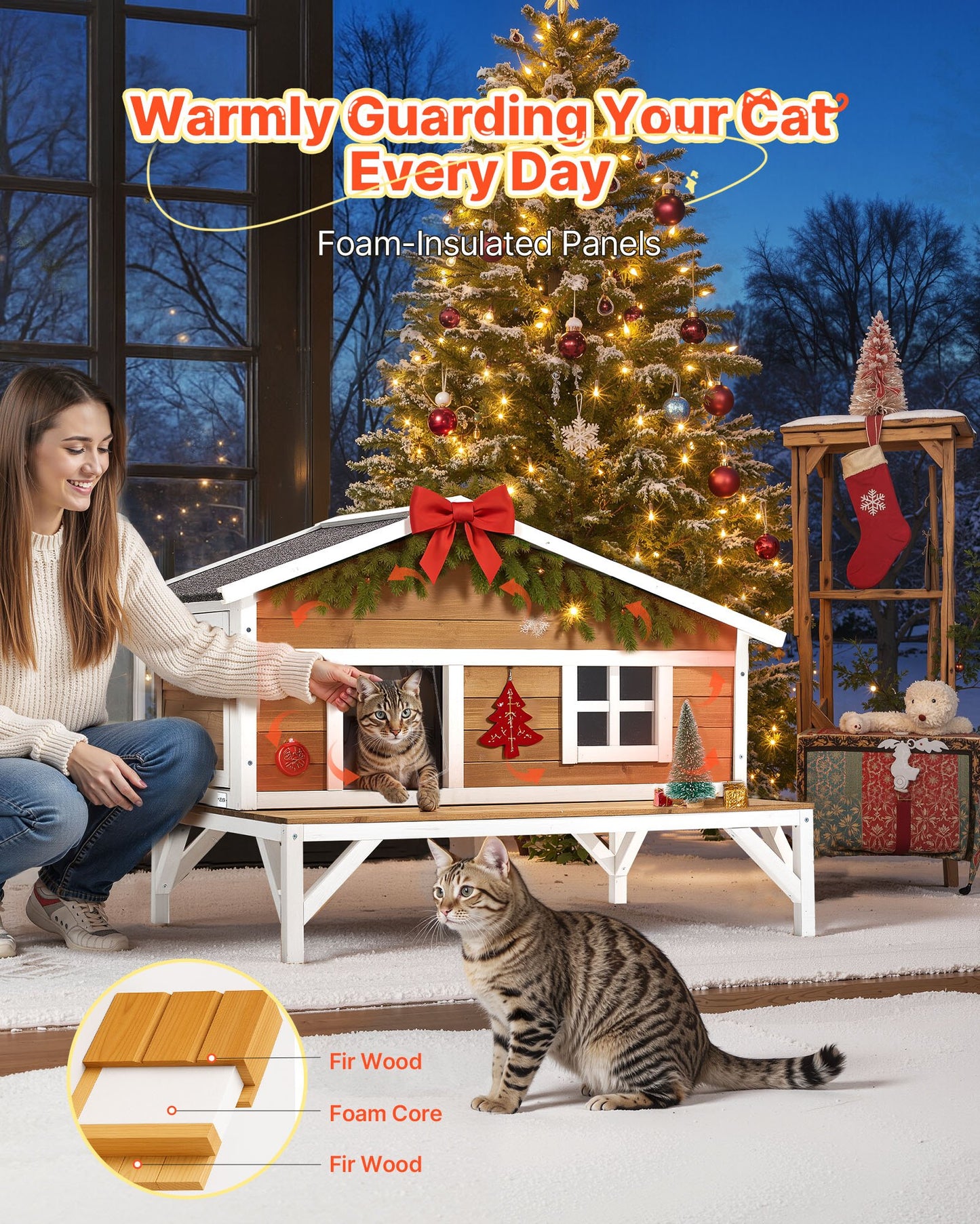 The Purr Manor Estate - Insulated Cat House, All-Around Foam Insulation Elevated Cat Shelter, Wooden Feral Kitty Shelter With Large Platform, Waterproof Cats Condos / Villa