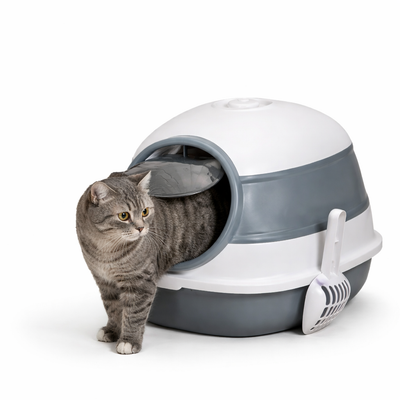 The Paw Dome - Covered Cat Litter Box With Lid, White And Gray