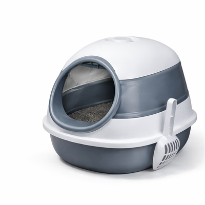 The Paw Dome - Covered Cat Litter Box With Lid, White And Gray