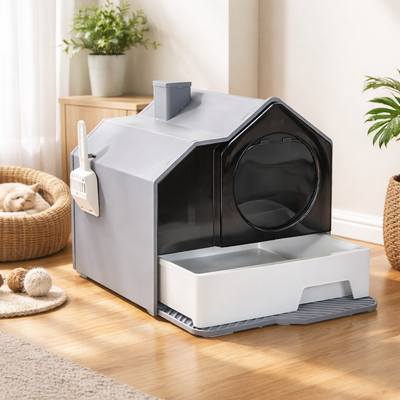 The Pawhut - Hooded Cat Litter Box W/ Litter Mat, Litter Particle Catching, Gray