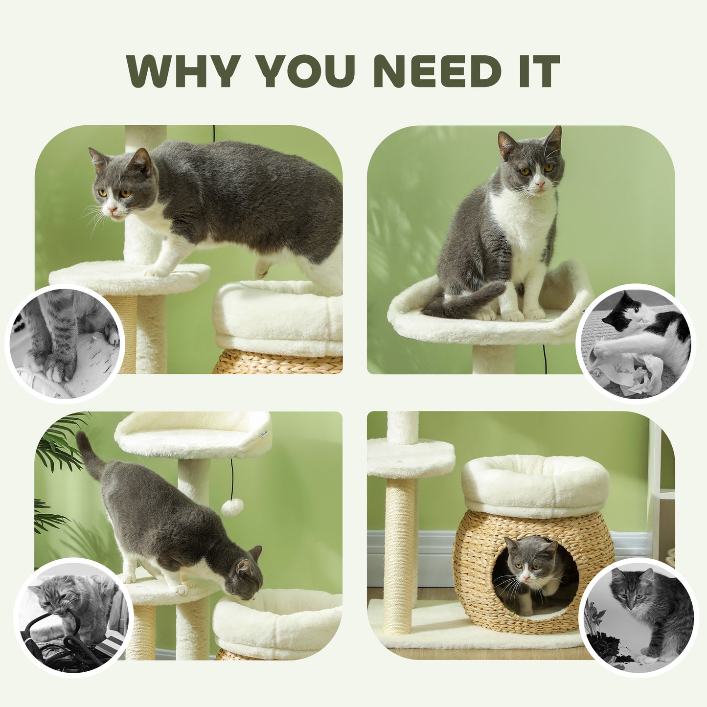 31" Cat Tree Tower with Scratching Posts, Cat Condo, Beds, Platform and Toy Ball for Indoor Cats, Cream White
