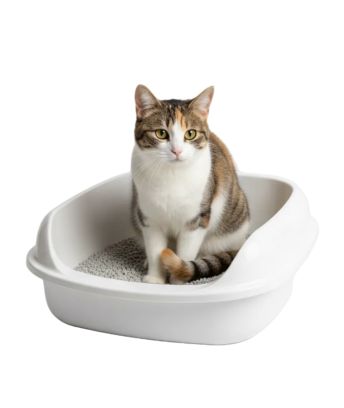 Cat in a litter box with white background