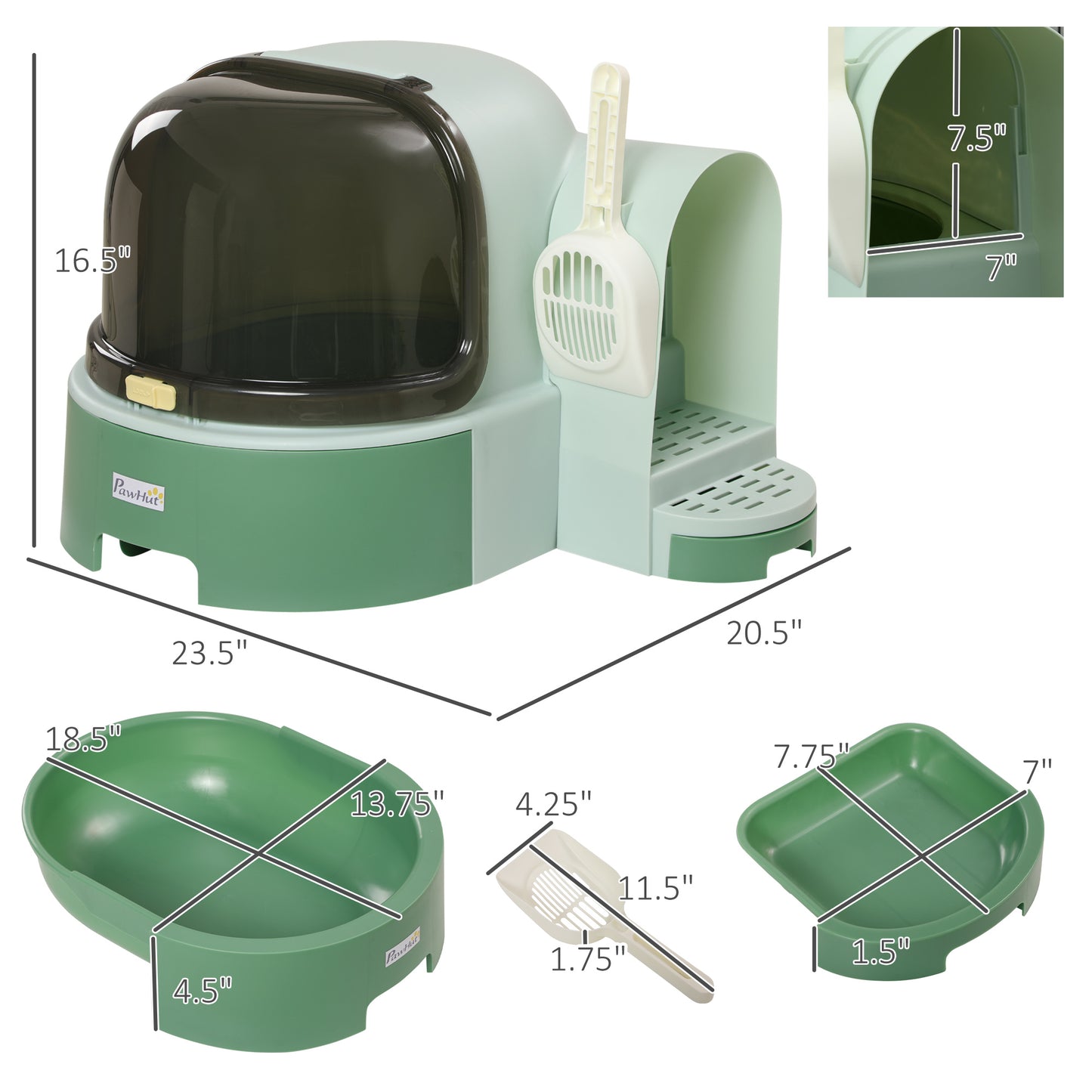 The Pawhut - Cat Litter Box Easy To Clean Open With Scoop, Green