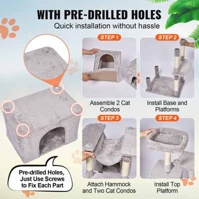 Cat Tree For Indoor Cats, 72" Cat Tower With 2 Cat Condos, Sisal Scratching Post, Hammock, Top Perch, Jumping Platforms, Large Cat Furniture Activity Center With Hang Ball, Light Grey