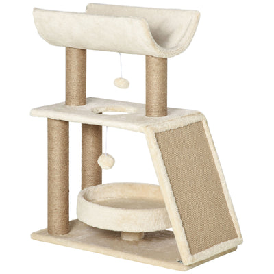 PawHut Cat Tree Tower, With Scratching Posts, Pad, Bed, Perch, Toy Ball - Light Brown